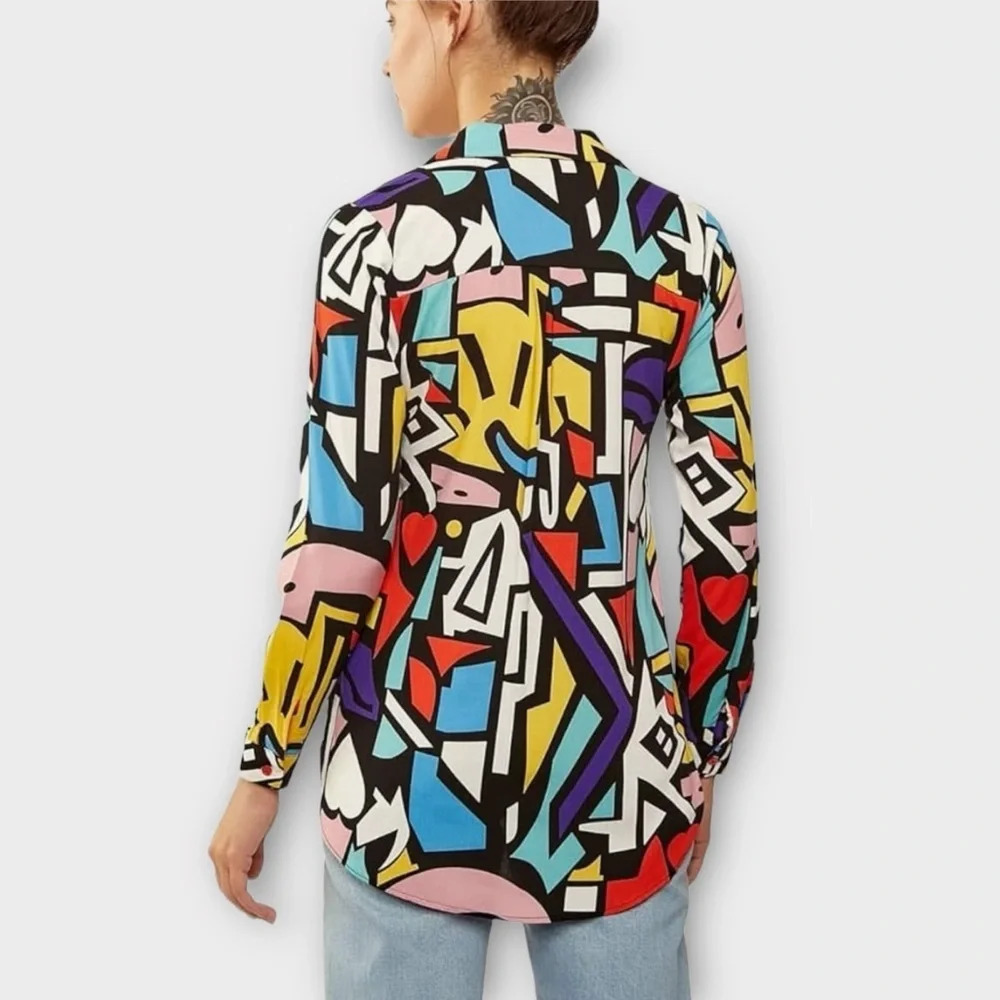 Big Dart Multicolored Abstract Art Deco Button-Up… - image 2